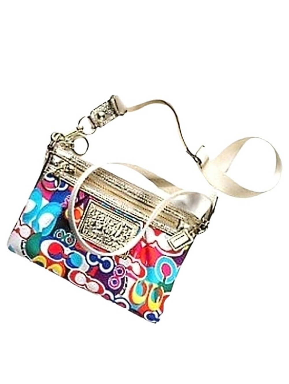 💖 Coach Poppy Pop C Graffiti Metallic Gold Patchwork Swingpack Crossbody Bag